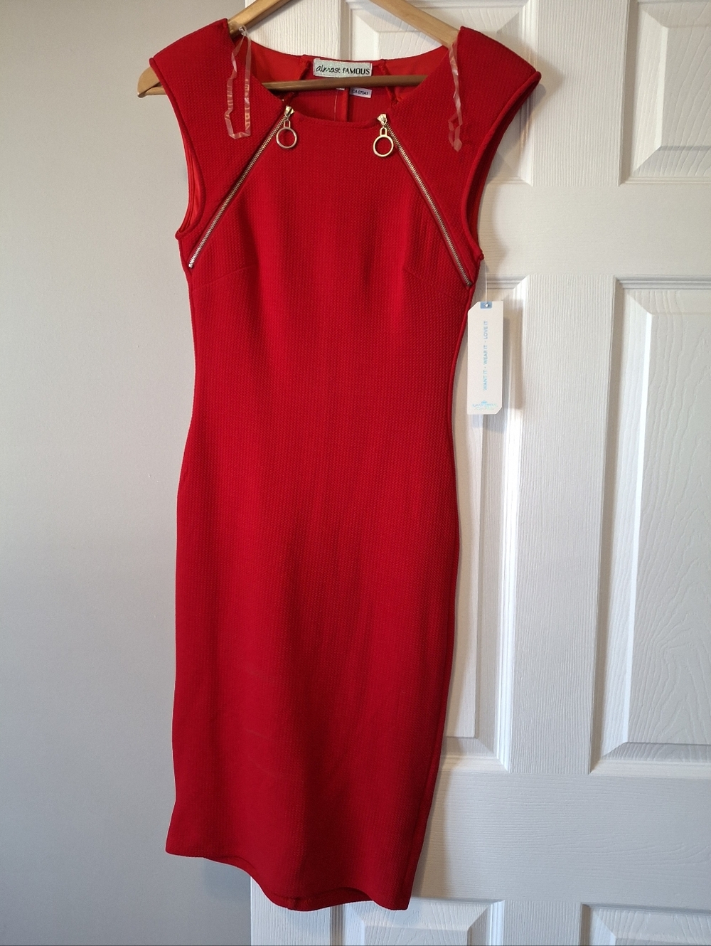 Almost Famous Red Midi Sheath Dress with Zip Accents (Small)